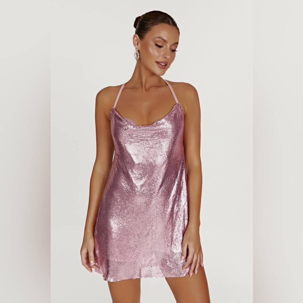 Meshki Dove Glow Mesh Cowl Mini Dress - Blush Pink